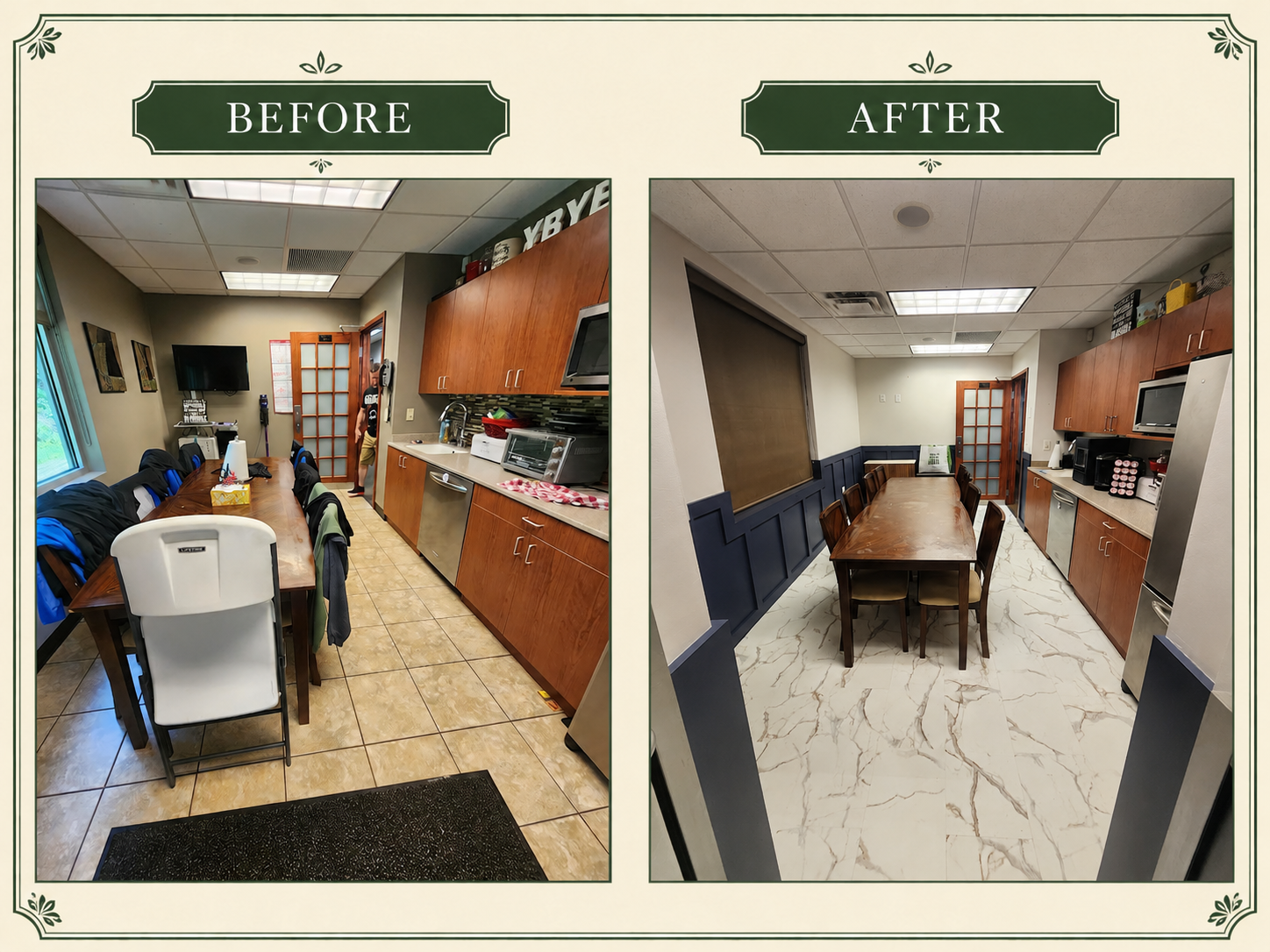 Before and after collage of a break room refresh