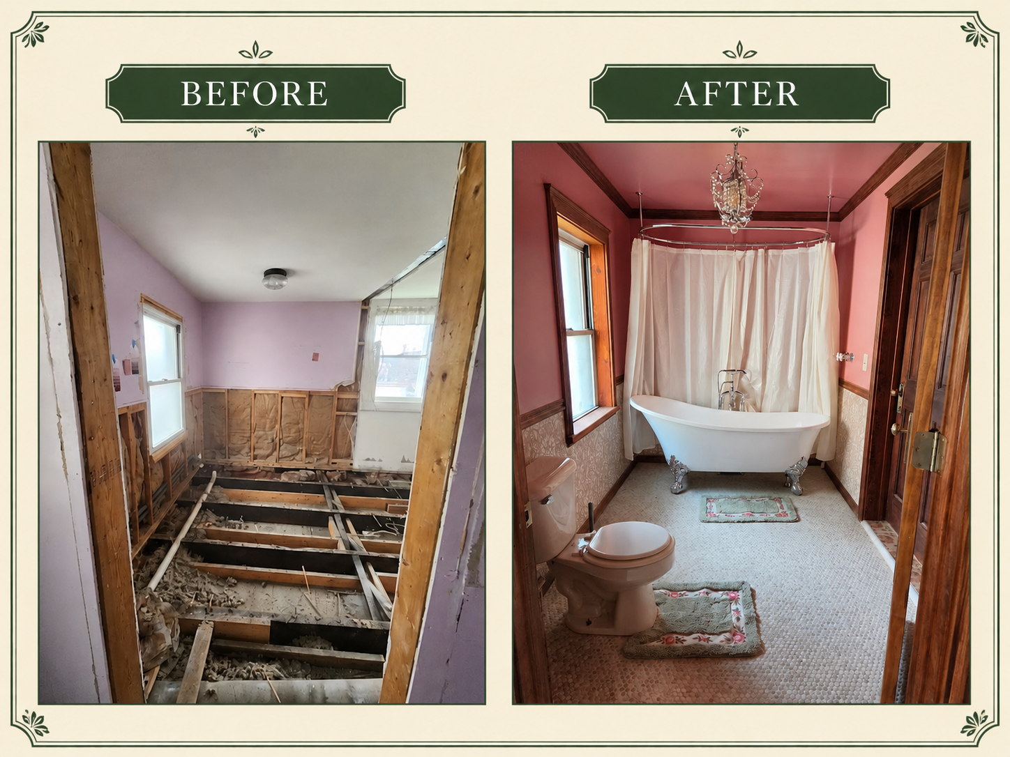 Before and after collage of a clawfoot bathroom restoration