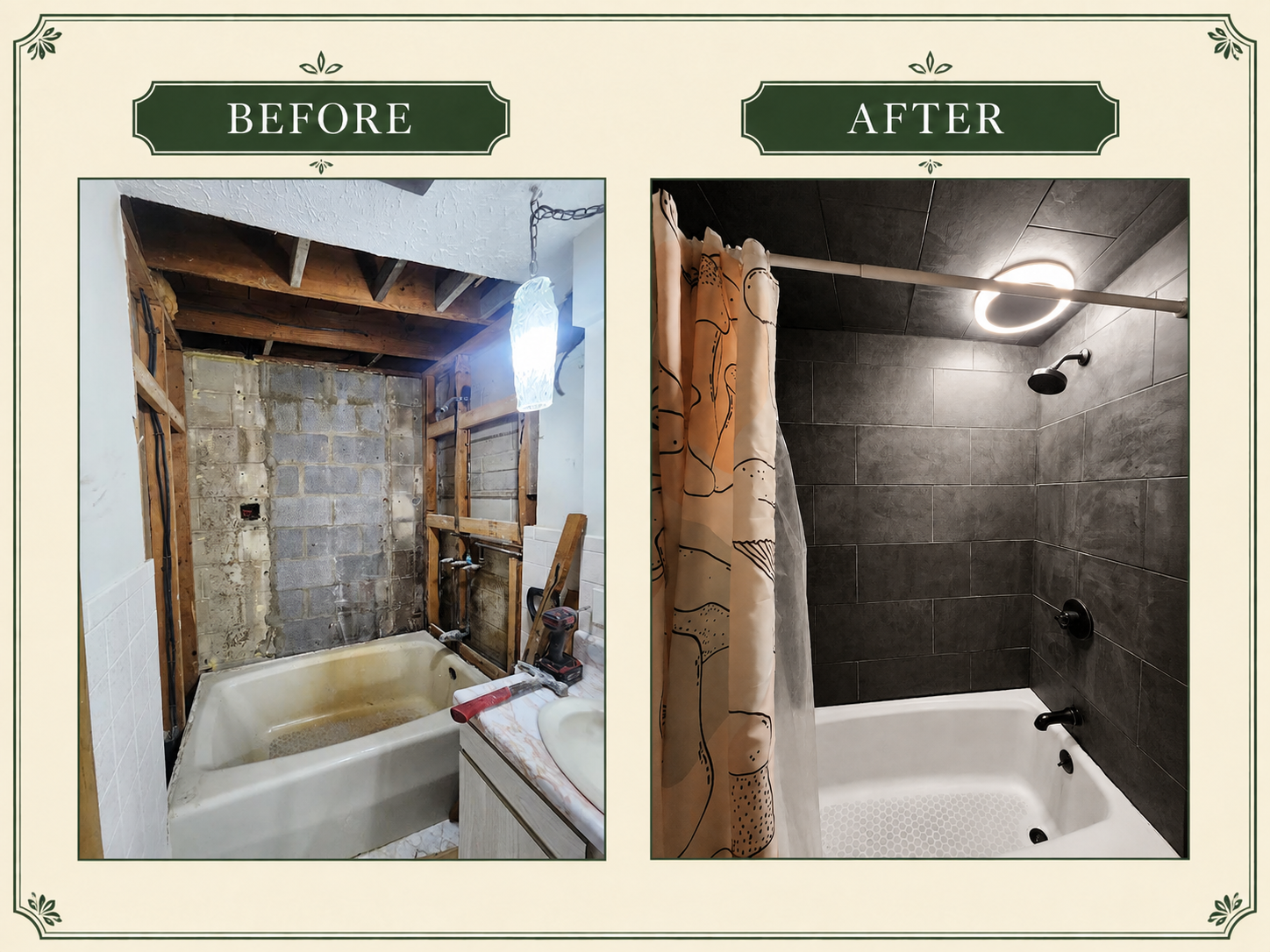 Before and after collage of a dark tile bathroom remodel