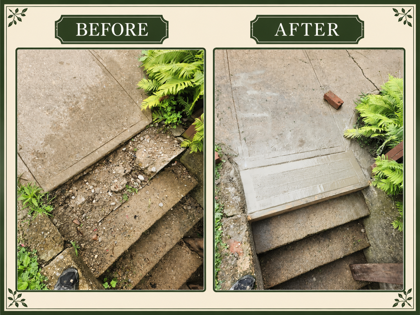 Before and after collage of an outdoor walkway repair