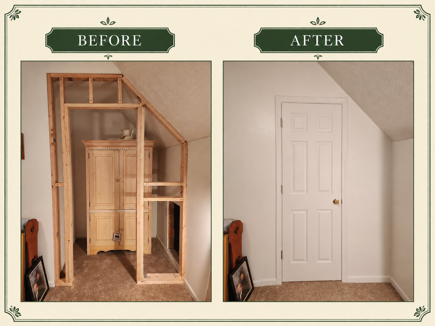 Before and after collage of an under-stair closet finish